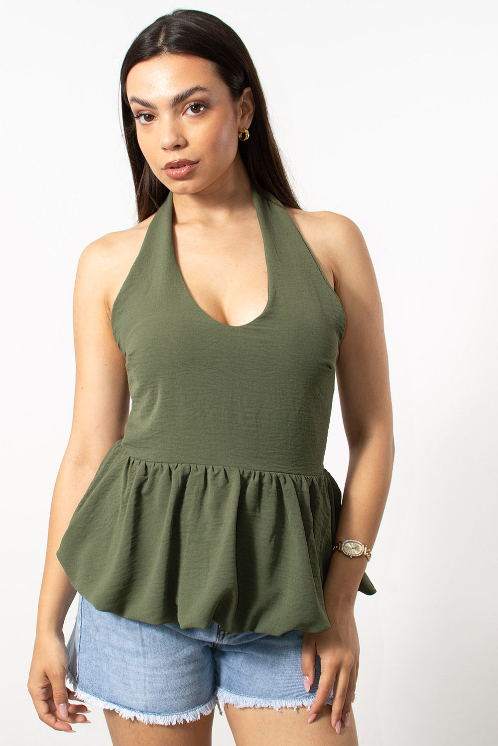 Τοπ halterneck peplum ελαστικό σε χακί