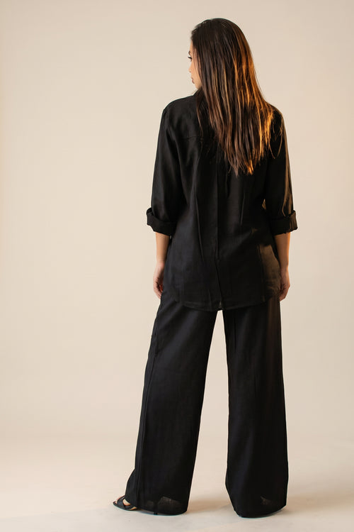 Co-ord set λινό πουκαμίσα/παντελόνα σε μαύρο