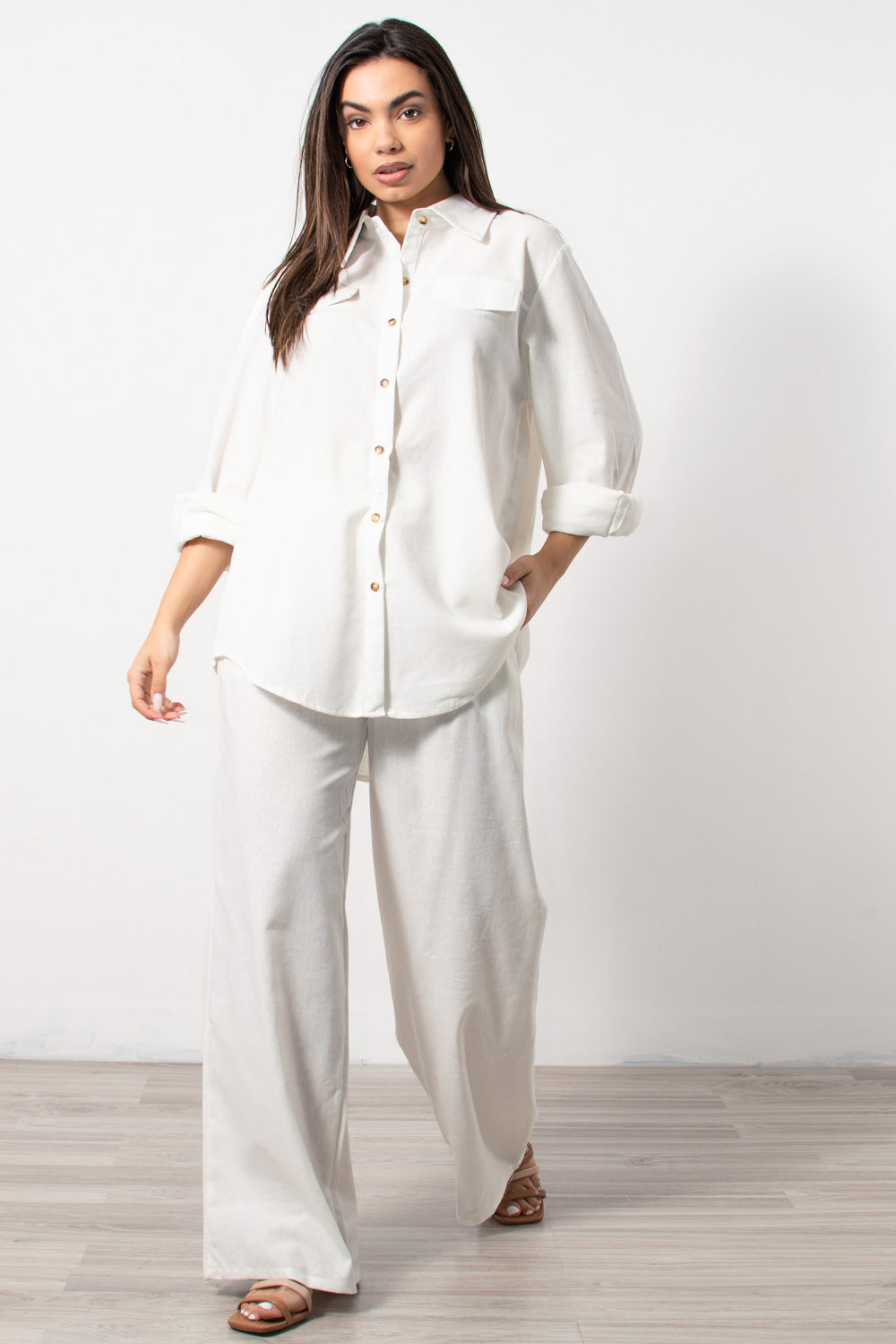 Co-ord set λινό πουκαμίσα/παντελόνα σε λευκό - Silla Jo