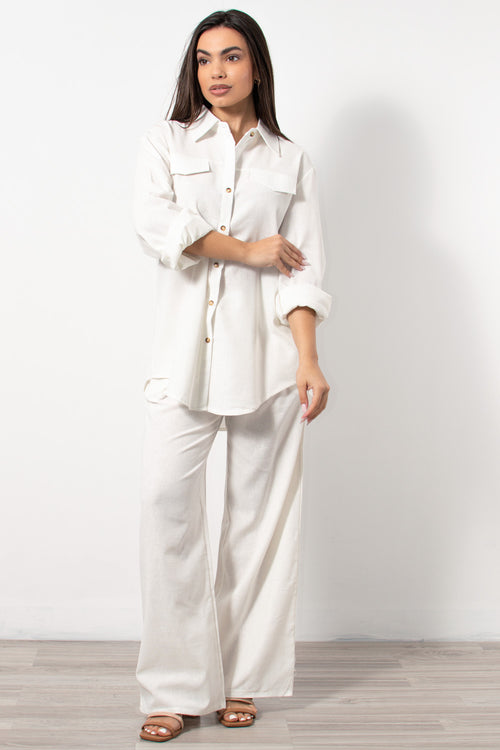 Co-ord set λινό πουκαμίσα/παντελόνα σε λευκό - Silla Jo