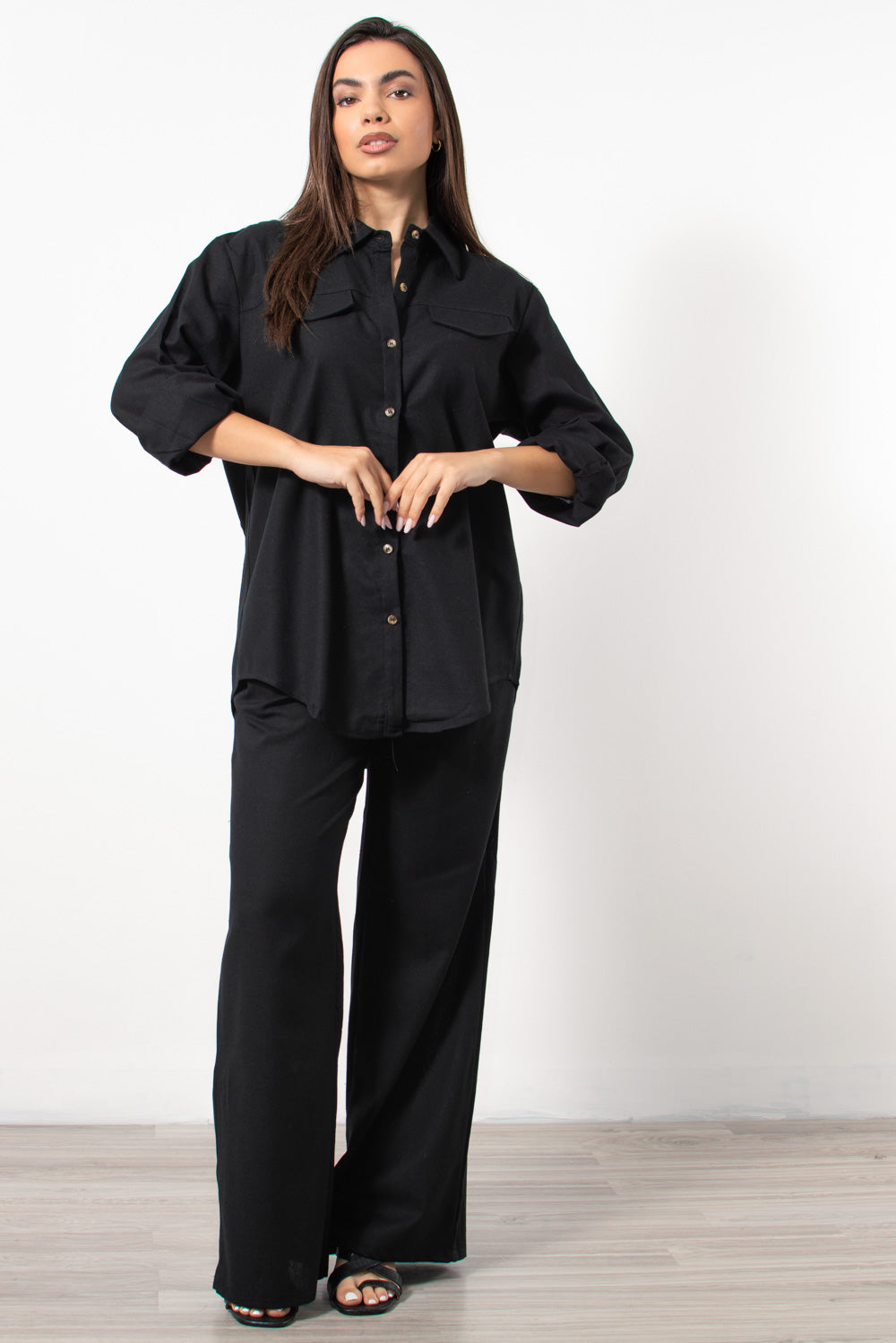 Co-ord set λινό πουκαμίσα/παντελόνα σε μαύρο - Silla Jo