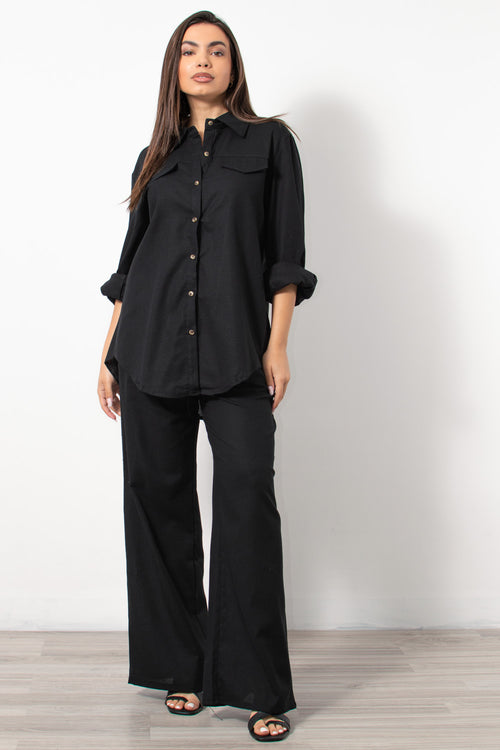 Co-ord set λινό πουκαμίσα/παντελόνα σε μαύρο - Silla Jo