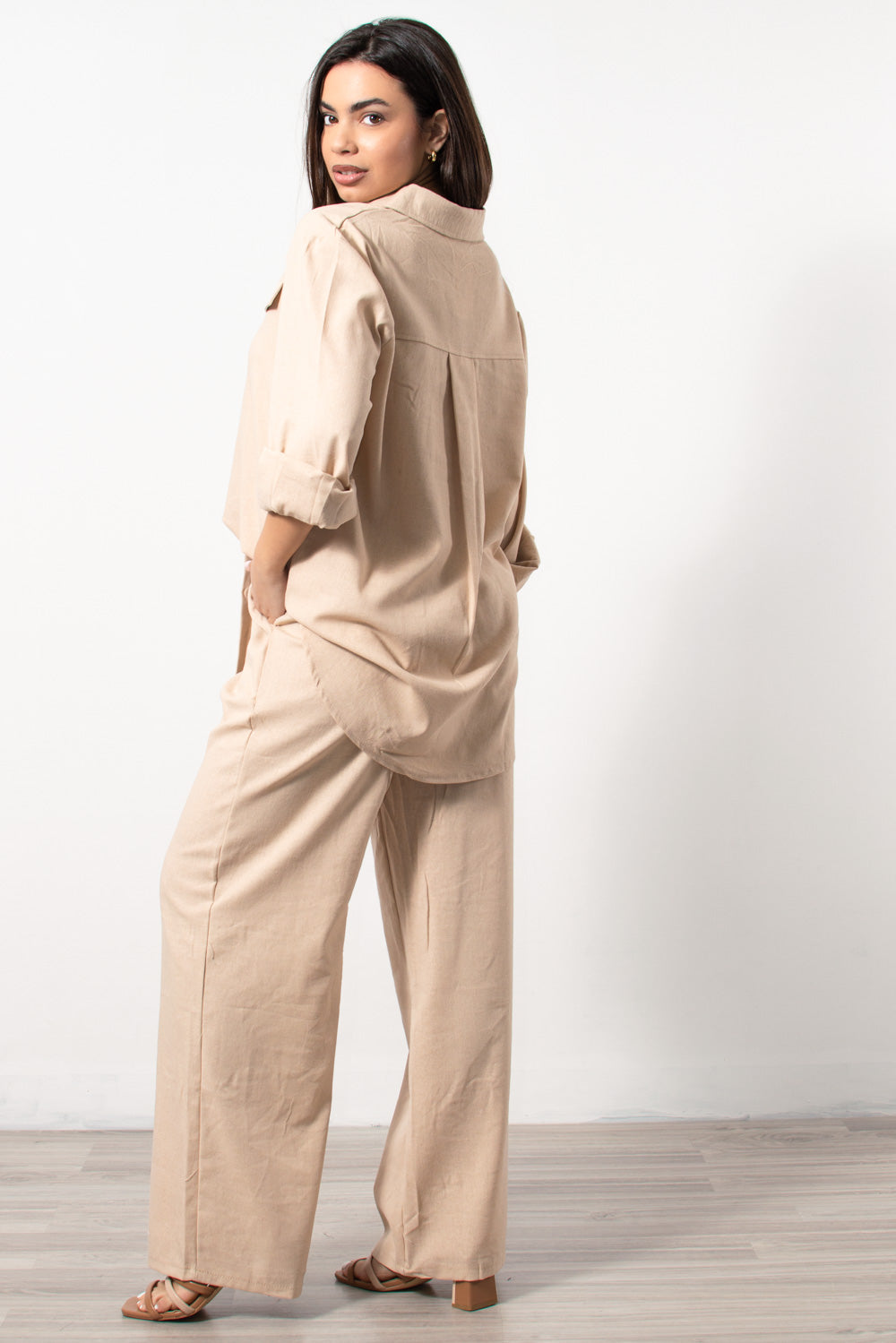 Co-ord set λινό πουκαμίσα/παντελόνα σε μπεζ - Silla Jo