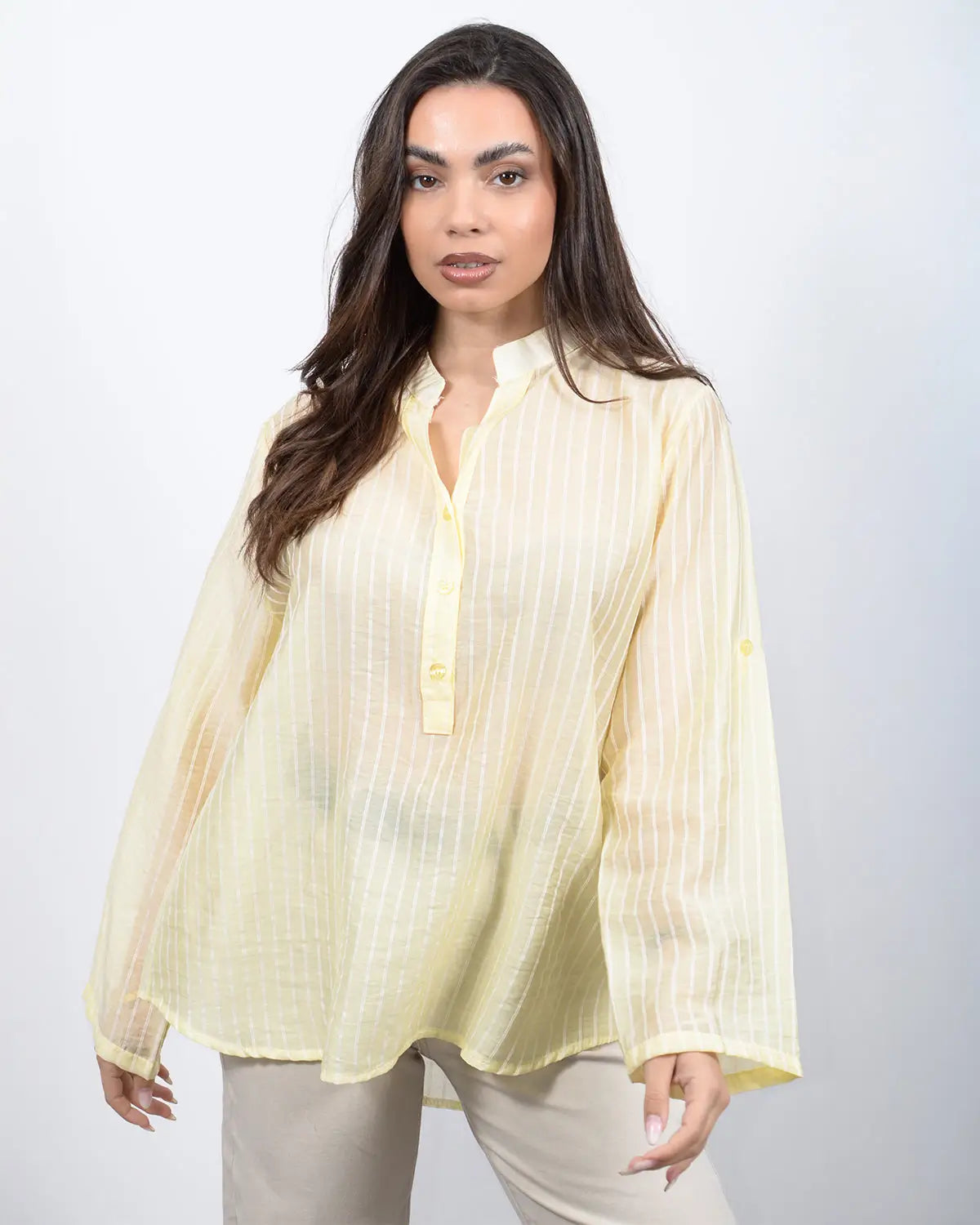 Γυναικεία κίτρινη ανοιξιάτικη τουνίκ με κεντητές ρίγες. Δωρεάν Μεταφορικά. Silla Jo