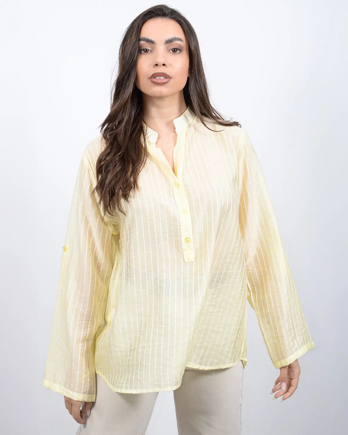 Γυναικεία κίτρινη ανοιξιάτικη τουνίκ με κεντητές ρίγες. Δωρεάν Μεταφορικά. Silla Jo