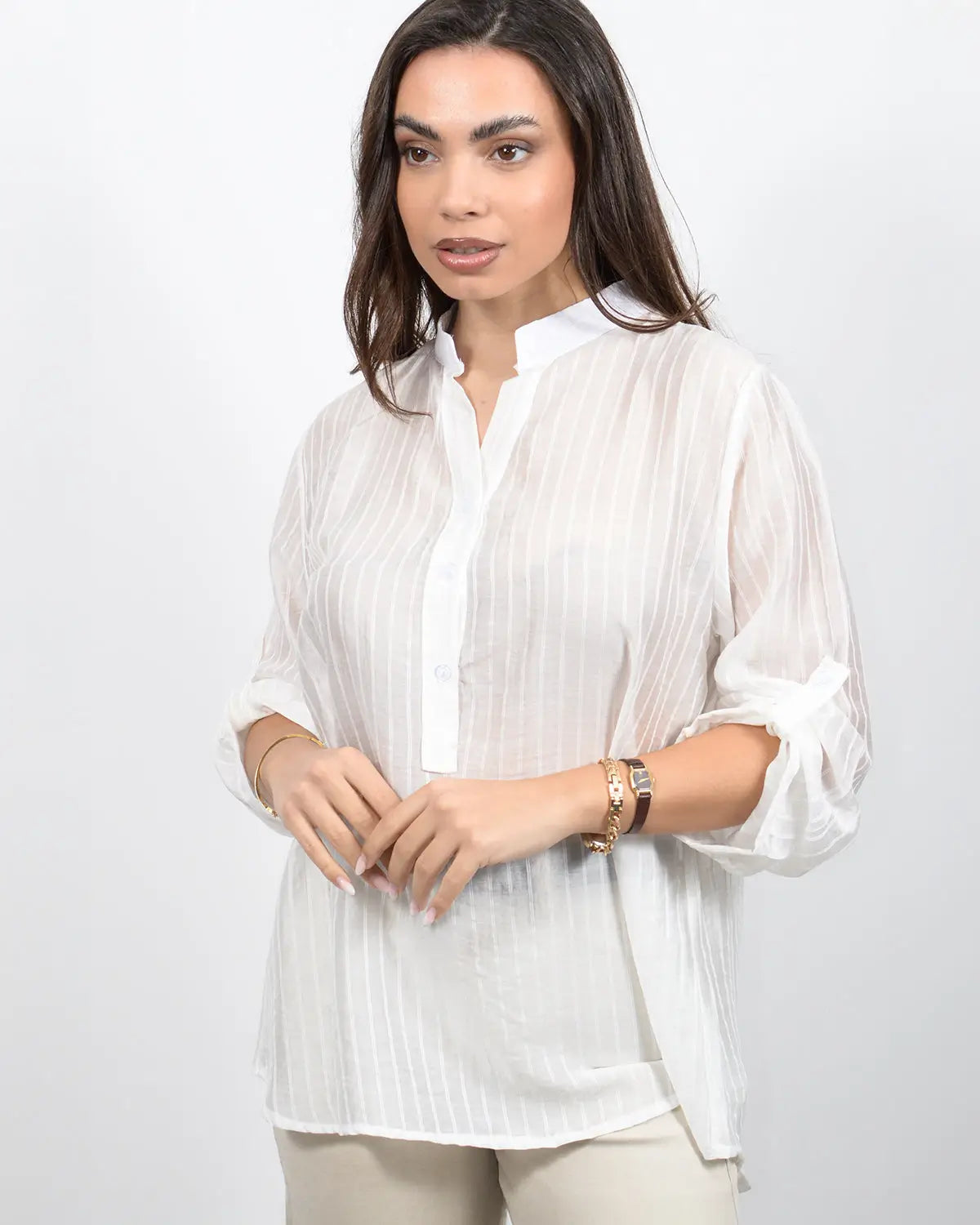 Γυναικεία λευκή ανοιξιάτικη τουνίκ με κεντητές ρίγες. Δωρεάν Μεταφορικά. Silla Jo