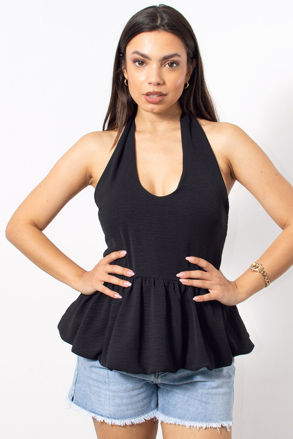 Τοπ halterneck peplum ελαστικό σε Μαύρο — Silla Jo