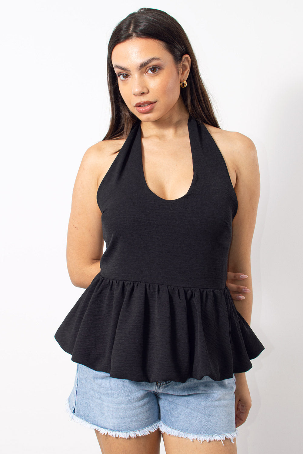 Τοπ halterneck peplum ελαστικό σε Μαύρο — Silla Jo