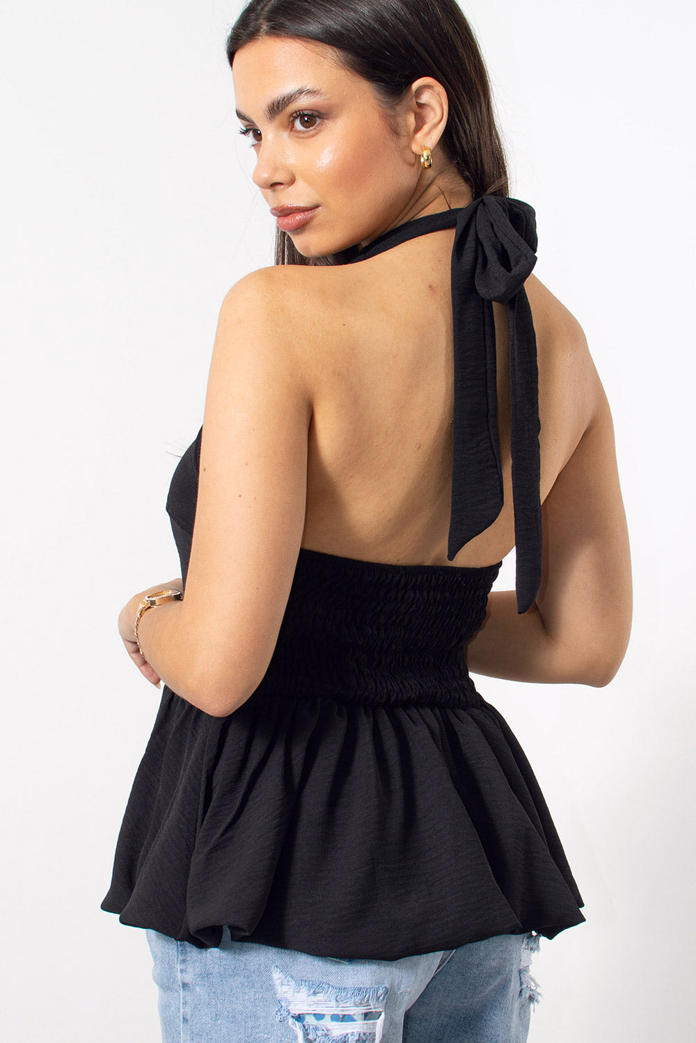 Τοπ halterneck peplum ελαστικό σε Μαύρο — Silla Jo