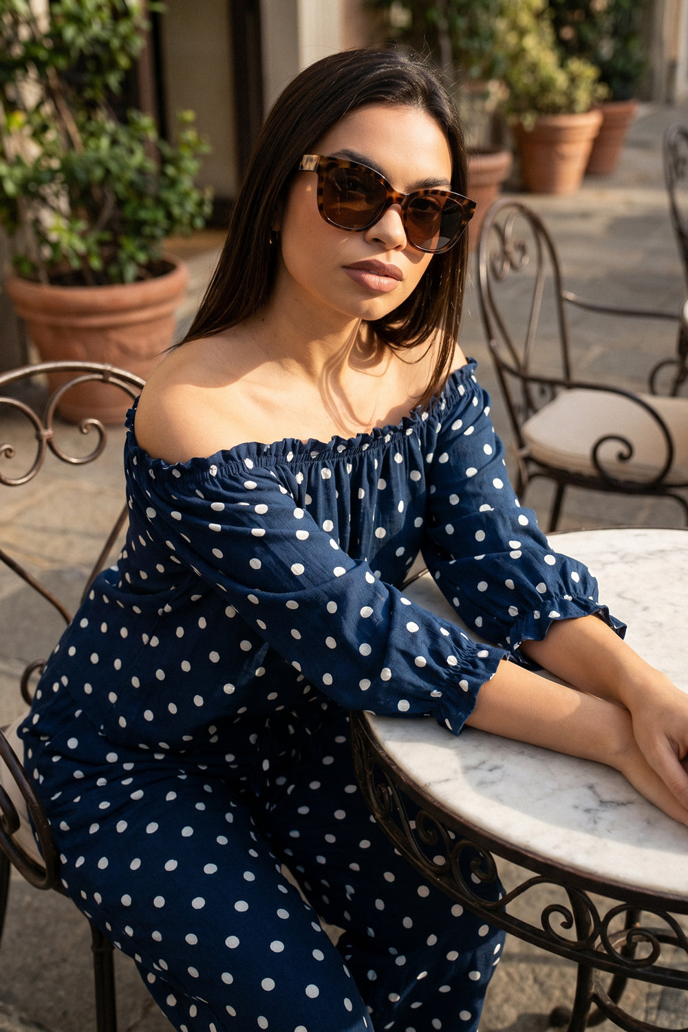 Πουά co-ord σετ με παντελόνα σε μπλε