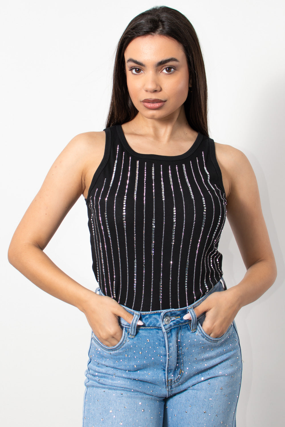 tank top elastiko me strasakia mayro - Silla Jo