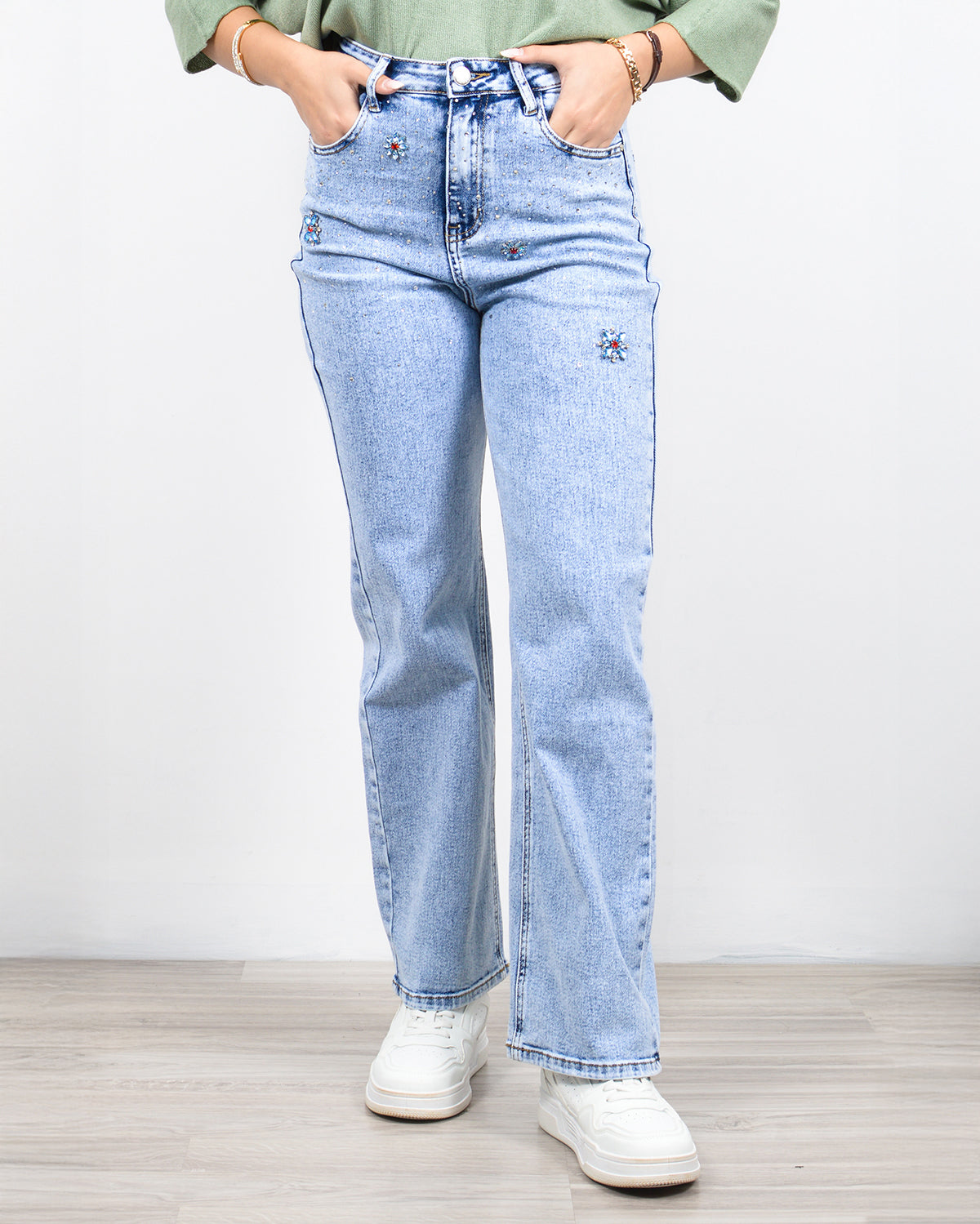 Ψηλόμεσο τζιν με στρας λουλούδια