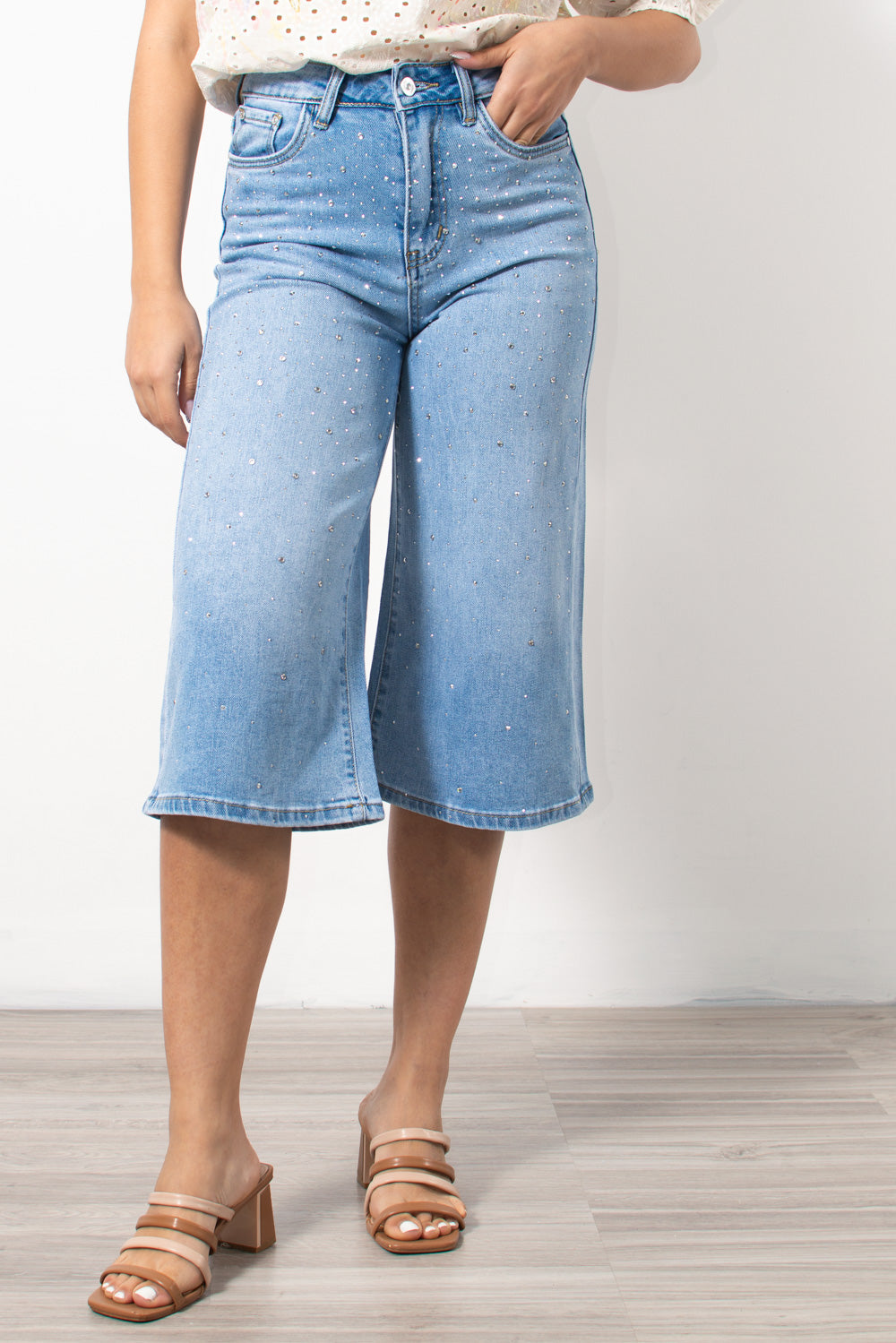 Τζιν ζιπ κιλότ wide leg με στρας | Silla Jo