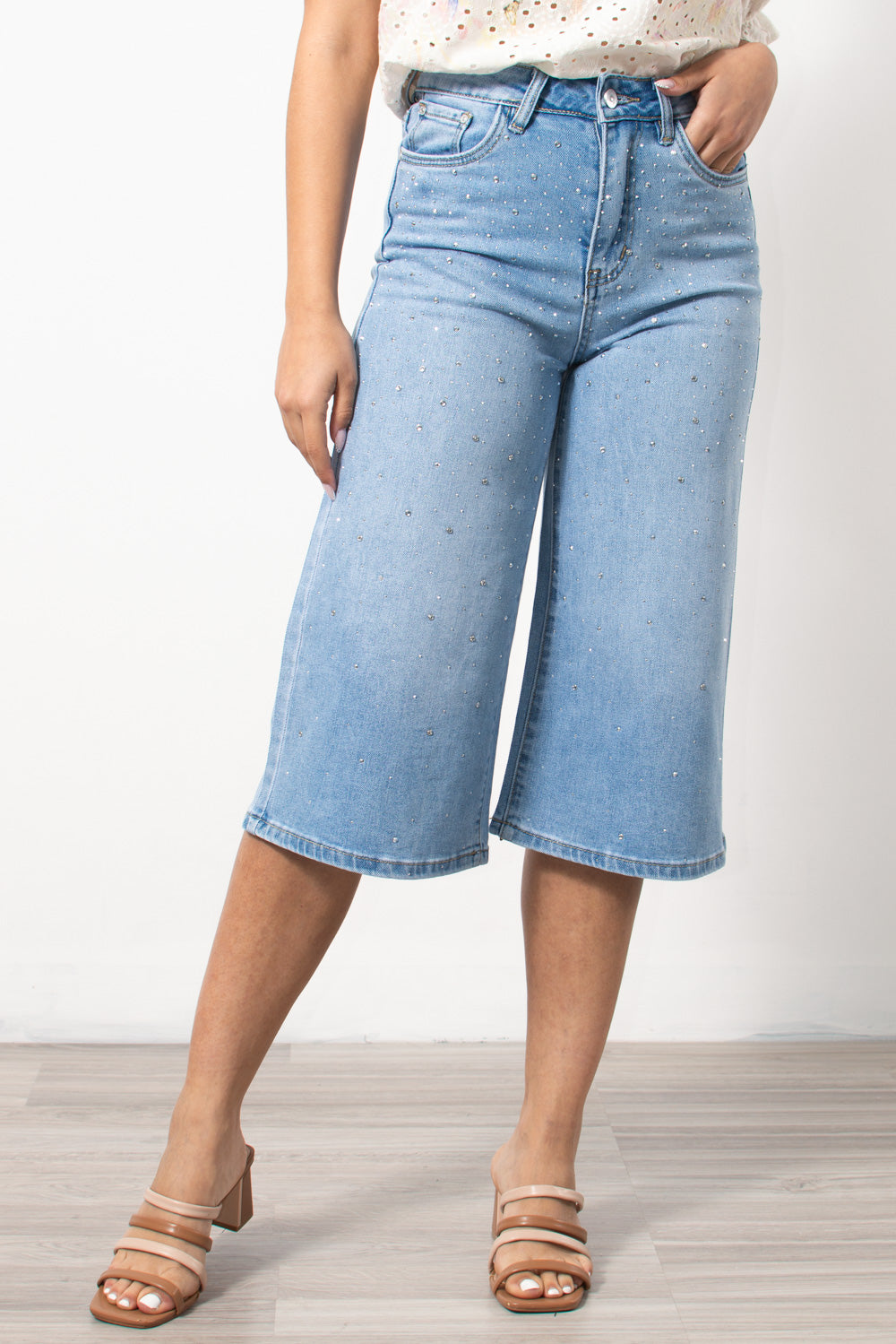 Τζιν ζιπ κιλότ wide leg με στρας | Silla Jo