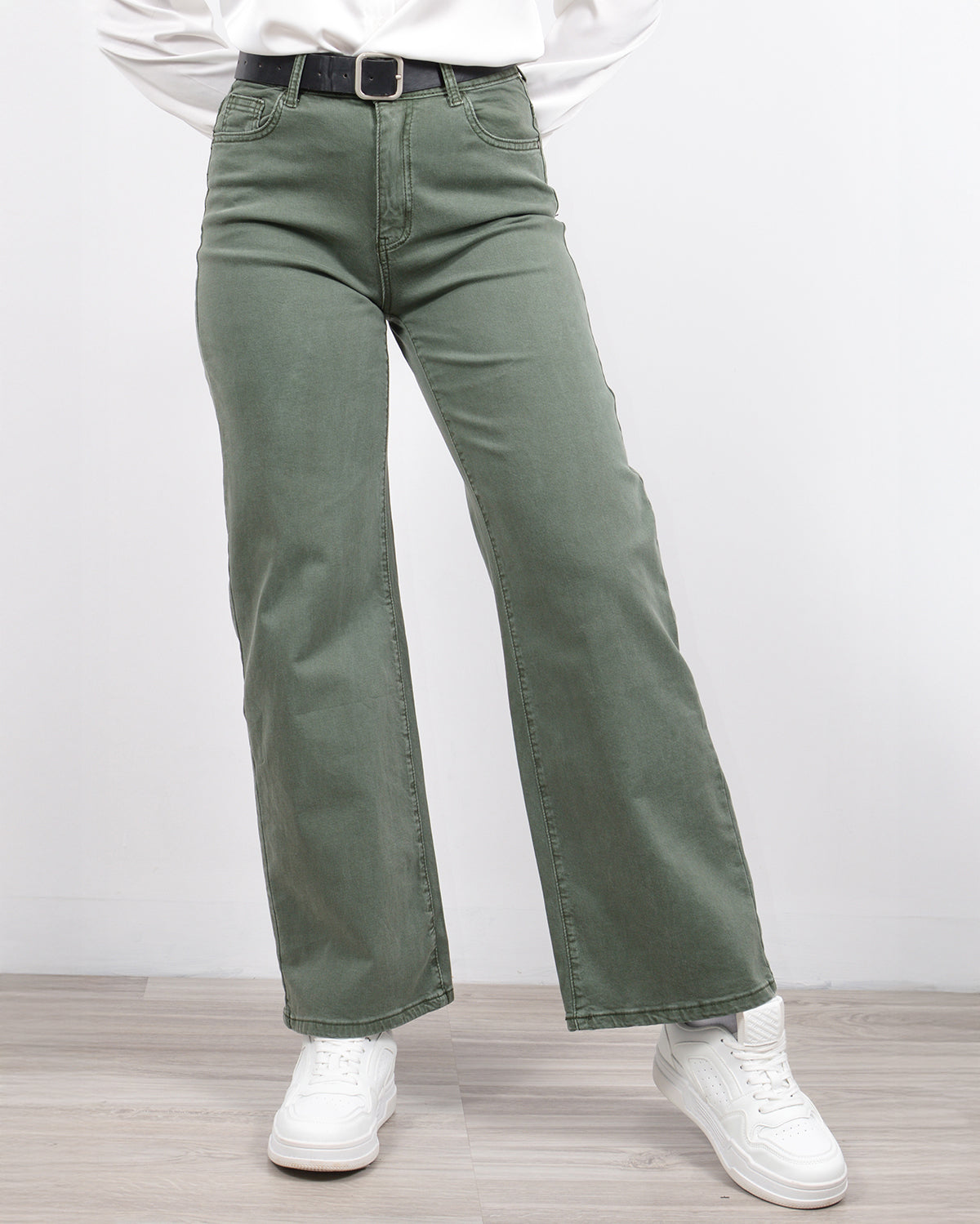 Παντελόνι ίσιο ψηλόμεσο σε χακί με μαύρη ζώνη